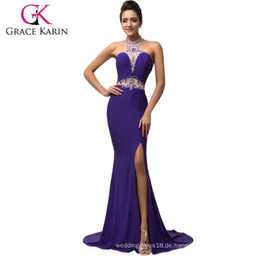 Grace Karin Halter Backless Elegant Lila Split Abendkleider Sequins Perlen Meerjungfrau langen formalen Kleid CL007595-1